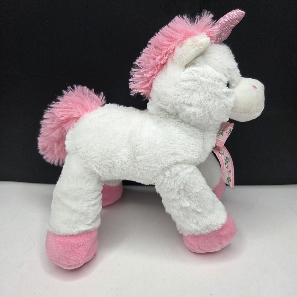 Tom's Toy International Unicorn Plush 8" White Pink Shimmer Horn Floral Ribbon